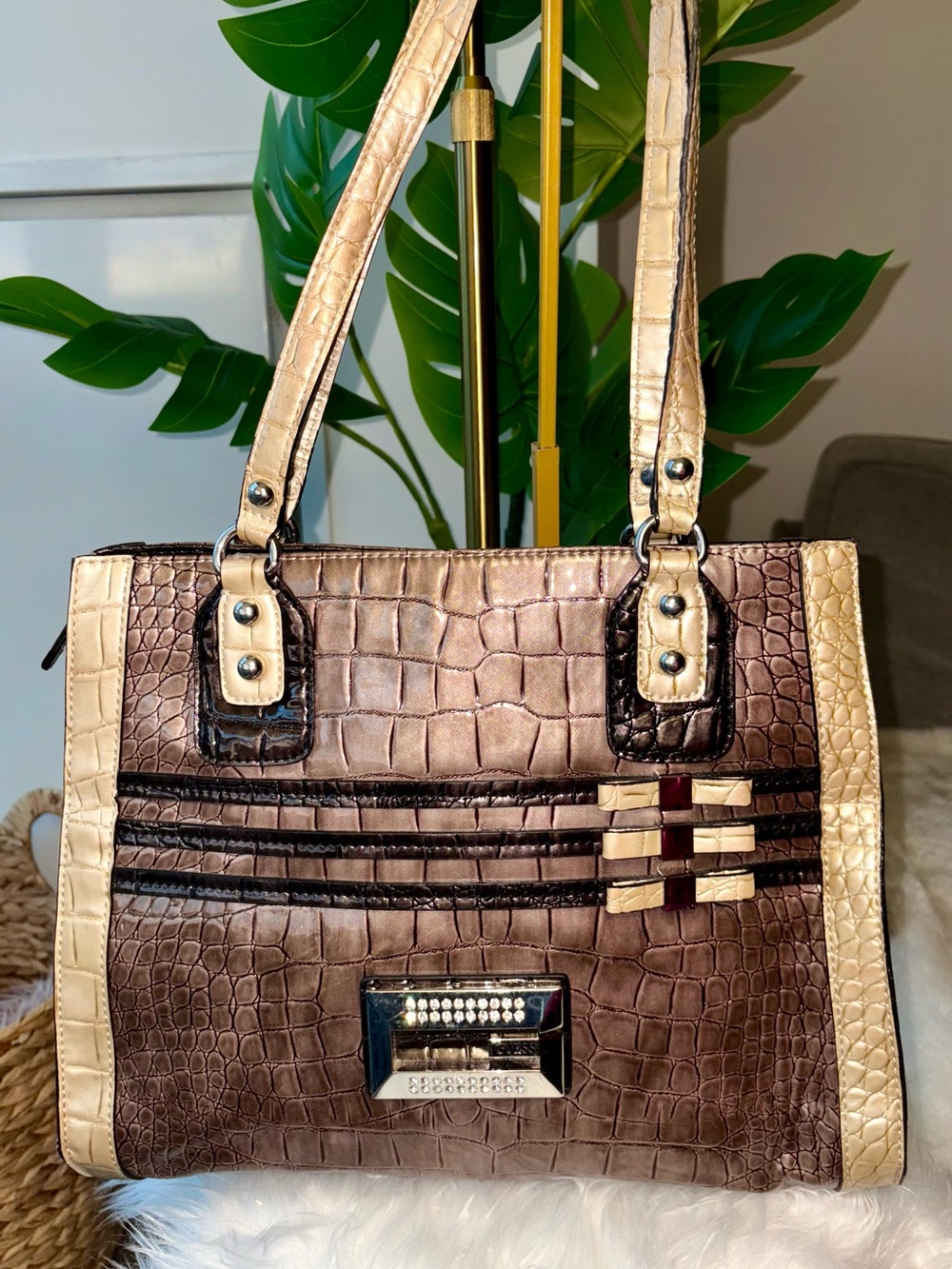 Vintage Y2K GUESS Metallic Bronze Croc Embossed Rhinestone Tote Shoulder Bag